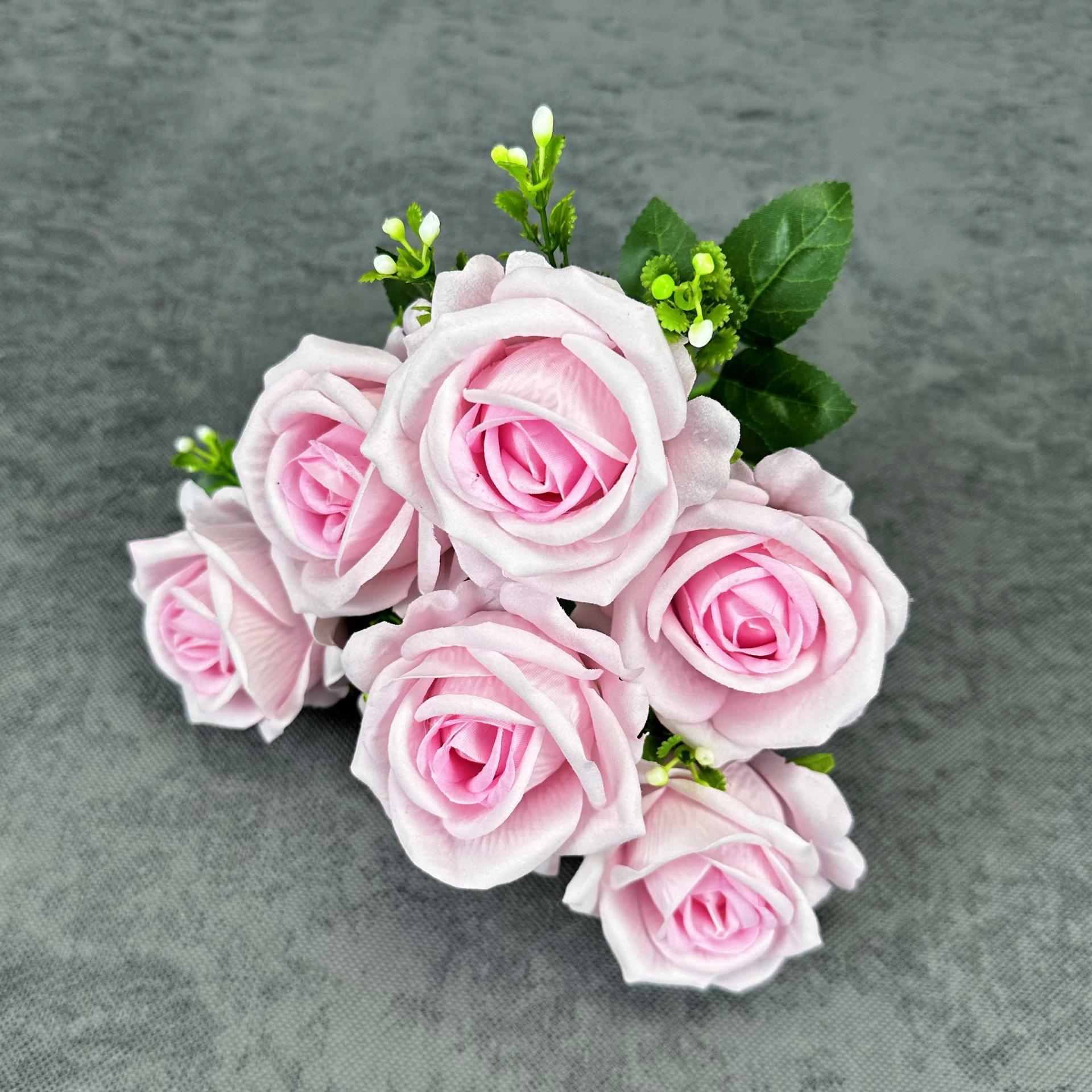 Simulación de 7 cabezas de tela de terciopelo rosa boda decoración del hogar decoración de mano transfronteriza flores falsas adornos al por mayor