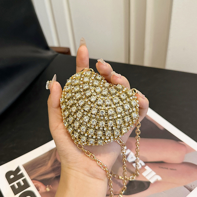 Women's Bags 2025 New European and American Fashion Rhinestone Evening Bag Ins Popular Chain Crossbody Heart Bag