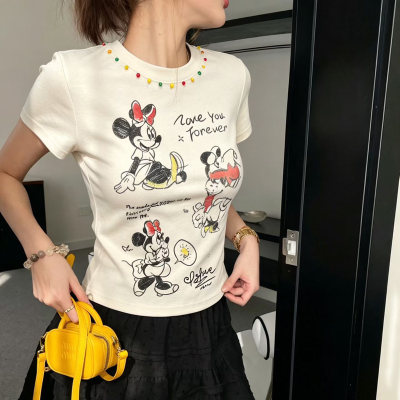 Colorful Beaded Neckline Mickey and Minnie Print Short-Sleeve T-Shirt for Women, Slim Fit, Sweet and Cool Style, Short Hot Girl Top Colorful Beaded Neckline Mickey and Minnie Print Short-Sleeve T-Shirt for Women, Slim Fit, Sweet and Cool Style, Short Hot Girl Top