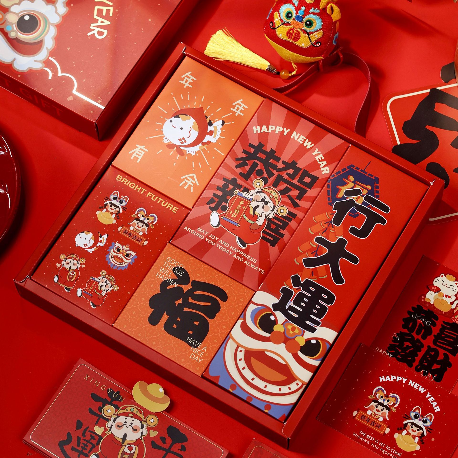 2024年新年财源广进小盒子对联礼盒饼干糖果烘焙礼物包装手提盒