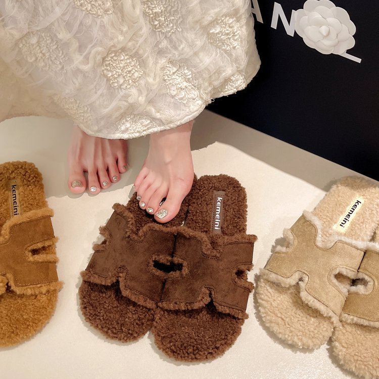 个性简约平底毛毛拖鞋女秋冬保暖一字拖搭裙子外穿百搭毛绒绒拖鞋|undefined
