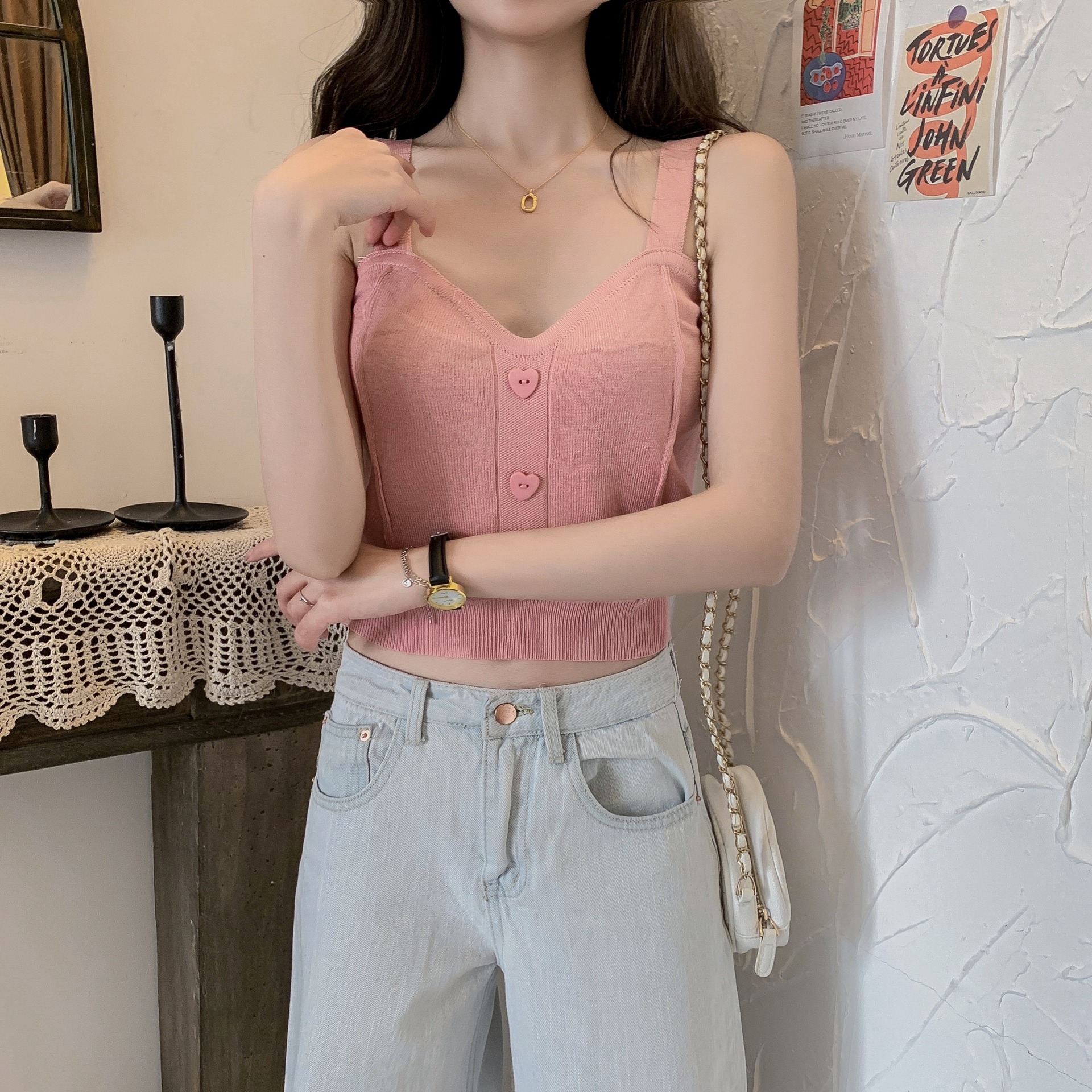 Casual, Fashion, Simple Style Style Multicolor Color Wholesale Women'S Casual Fashion Simple Style Heart Shape Solid Color Multicolor Front Button Button Tank Tops