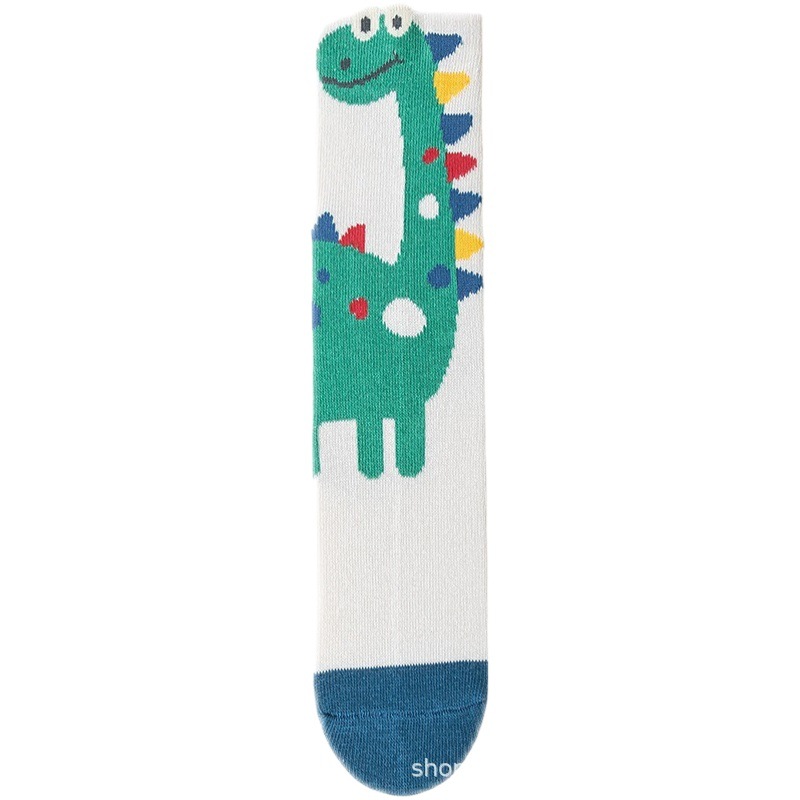 Calcetines finos de algodón para niños, seleccionados con cuidado para primavera y otoño, calcetines a media pantorrilla con diseño de dinosaurio de dibujos animados, calcetines de algodón puro de clase A para bebés y niños.