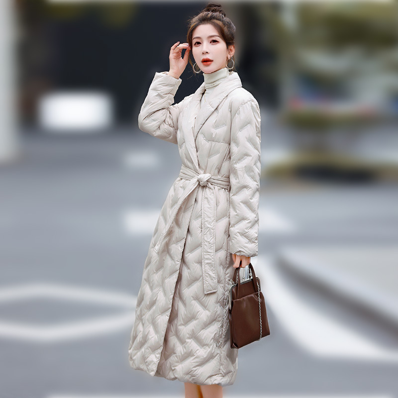 Papaya milk winter new high-end down jacket long over-the-knee lace-up thickened loose white duck down fashion coat Papaya milk winter new high-end down jacket long over-the-knee lace-up thickened loose white duck down fashion coat