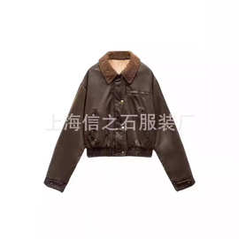 外贸欧美风高腰短款女皮夹克跨境批发翻领复古仿牛皮外套保暖上衣