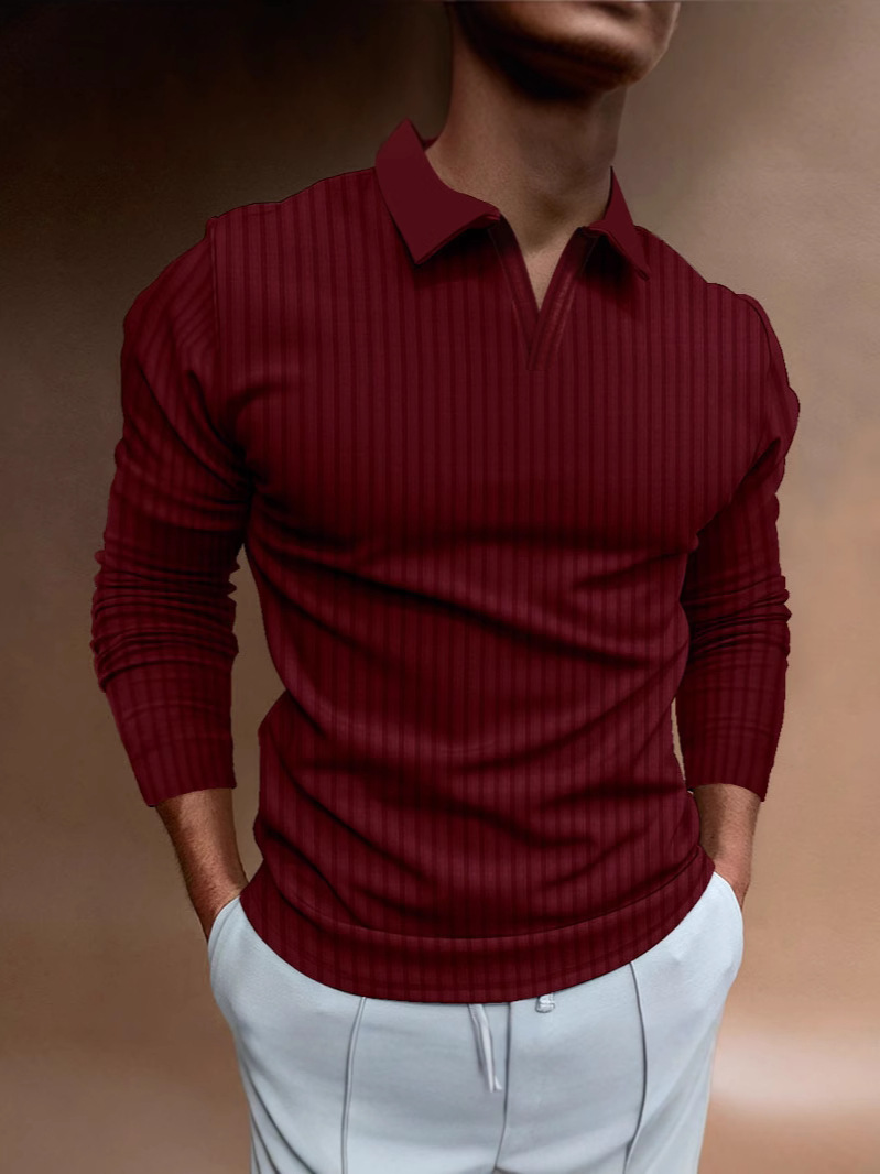 Camisa Polo para Hombre, Estilo Europeo y Americano, Comercio Transfronterizo, Otoño, Fitness, Casual, Cuello Alto, Manga Larga, Rayas Verticales, Cuello en V