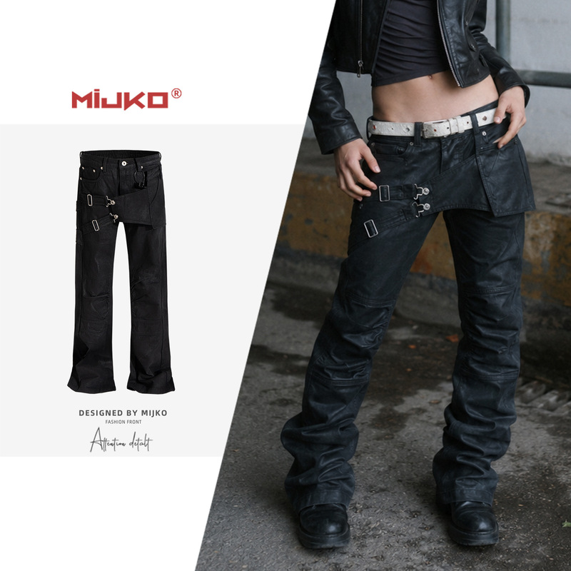 MIJKO Men's and Women's Multi-Pocket Strap Deconstructed Layered Coated Jeans, Unisex Slightly Flared Wide-Leg Trousers