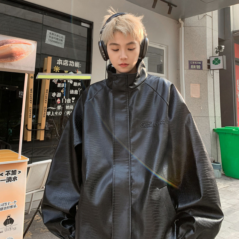 Hong Kong Style American Steel Stamp Large Size M-5Xl Crocodile Pattern Leather Jacket Couple Jacket Jacket for Men