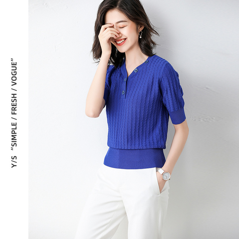 镂空冰丝毛织女装毛织厂加工 V领套头显瘦T恤 来图来样小批量定制