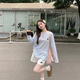 夏季新款慵懒经典百搭条纹长袖T恤女夏季薄款防晒罩衫宽松上衣ins