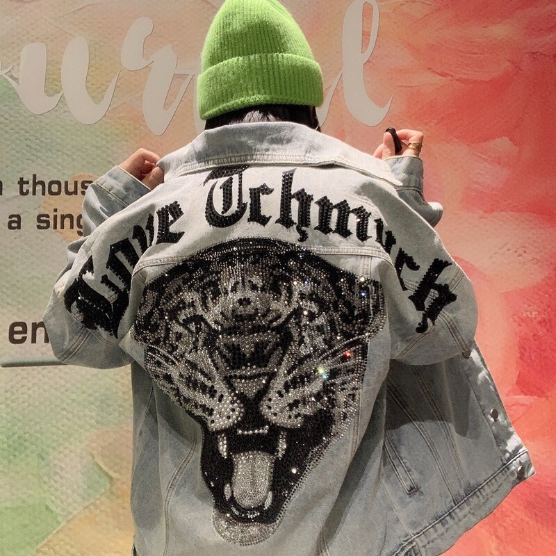 Luxurious Trendy Big Tiger Head Denim Jacket Leopard Handsome Heavy-Duty Rhinestone Men's and Women's Jacket Spring and Autumn Top Vintage