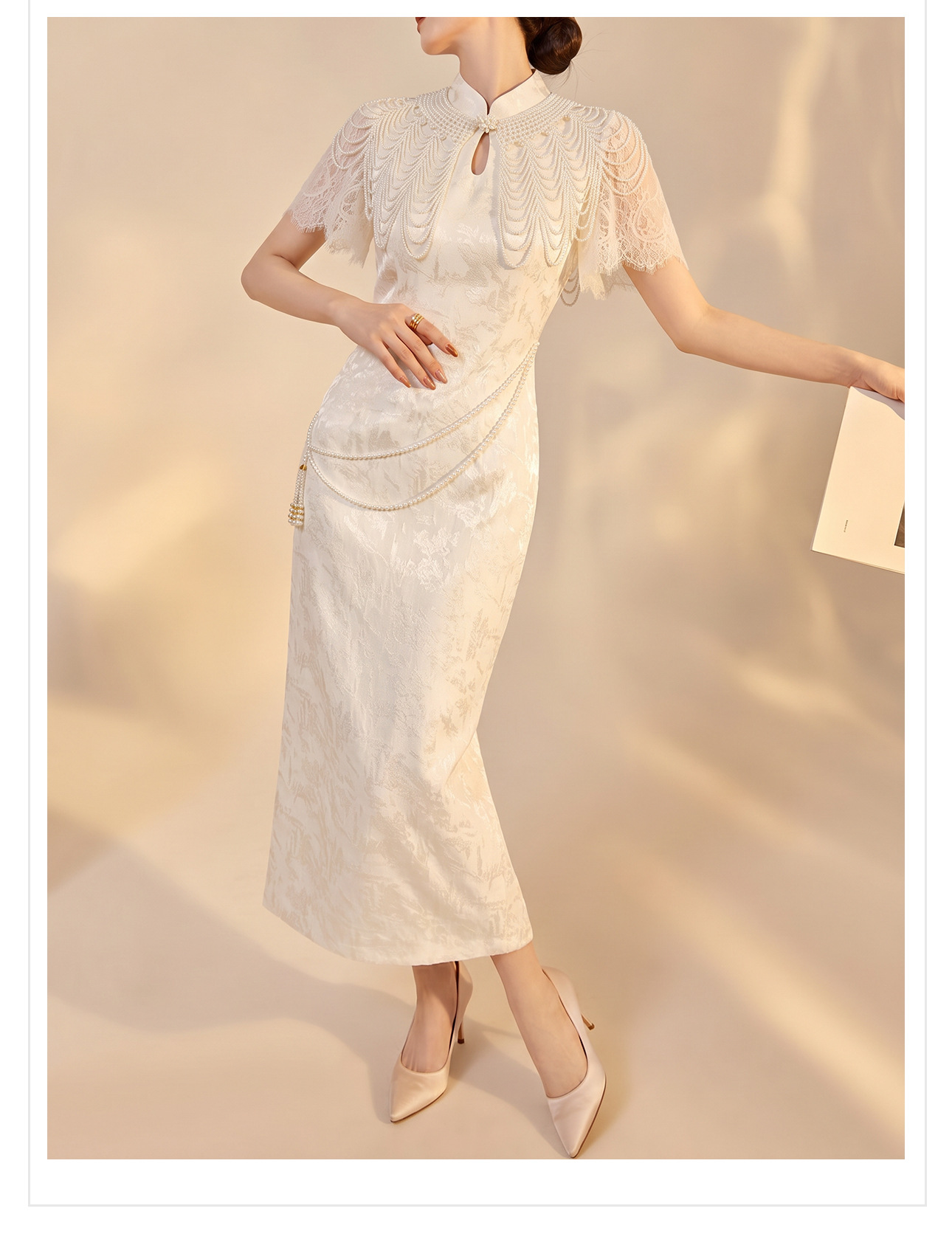 Đầm lễ phục dáng ôm kèm áo choàng ngọc trai tháo rời và thắt lưng — Mây vai, bộ đồ, Trang phục chi tiết 12