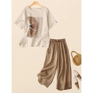 Cotton and Linen Suit 2025 Spring and Summer Retro Thin Top Loose Large Size Ramie Short-Sleeved T-Shirt Mother's Two-Piece Set