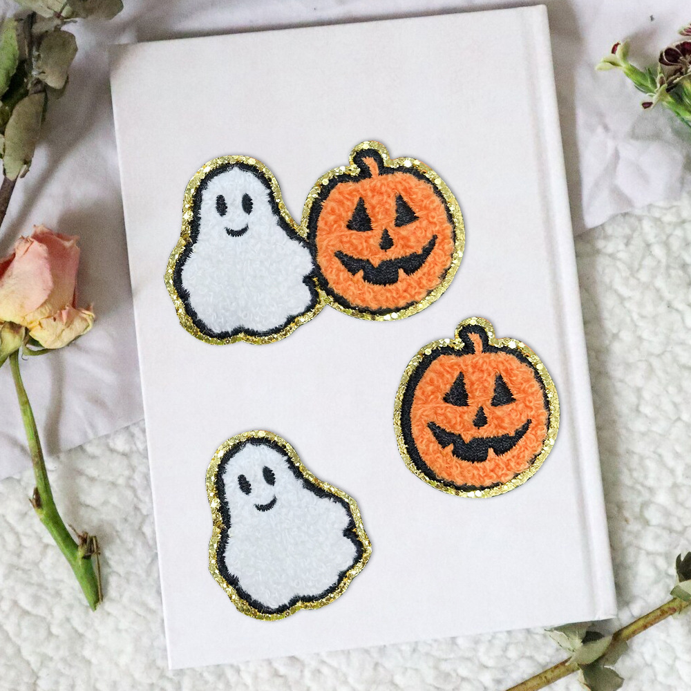 东莞刺绣工厂幽灵鬼魂南瓜头万圣节日雪尼尔毛巾绣刺绣布贴补丁贴