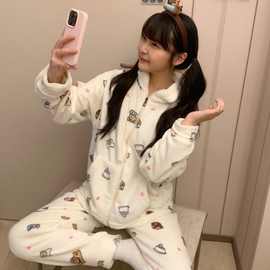 宅萌轻松熊睡衣女秋冬保暖珊瑚绒加绒加厚可爱家居服可外穿套装男