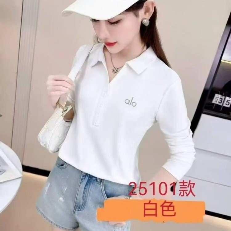 一件代发长袖t恤女刺绣字母POLO领打底衫2025春秋季新款纯色上衣|undefined