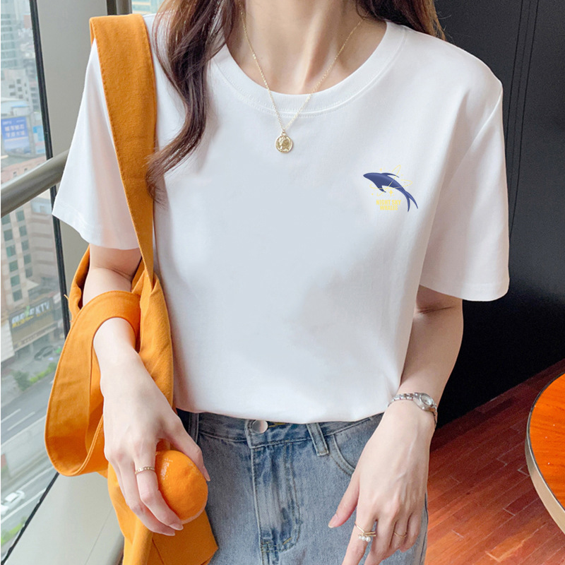 ゆるい純綿半袖tシャツ女性の夏服の新商品の中に上着の肩のデザイン感があります。|undefined