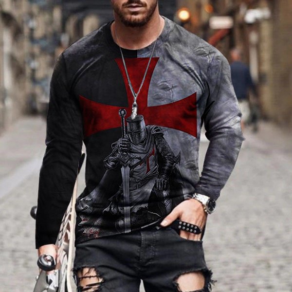 Ropa de hombre transfronteriza europea y americana AliExpress Wish Amazon nueva camiseta de manga larga con cuello redondo y estampado paladín