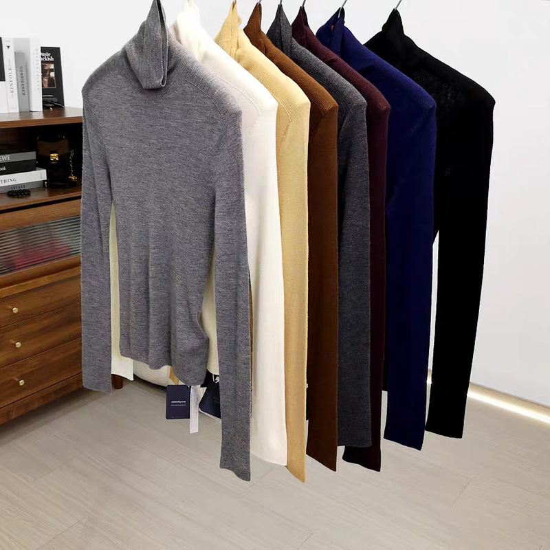 60-Count Double-Strand 100% Fine-Spun Wool German Yangtze Yarn 18-Gauge Seamless High-Neck Wool Base Layer Sweater for Women