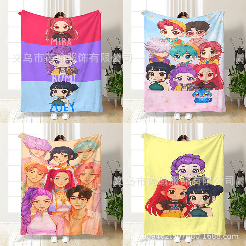 跨境tiktok数码印花可爱卡通猎魔女团法兰绒毛毯午睡毯简约盖毯