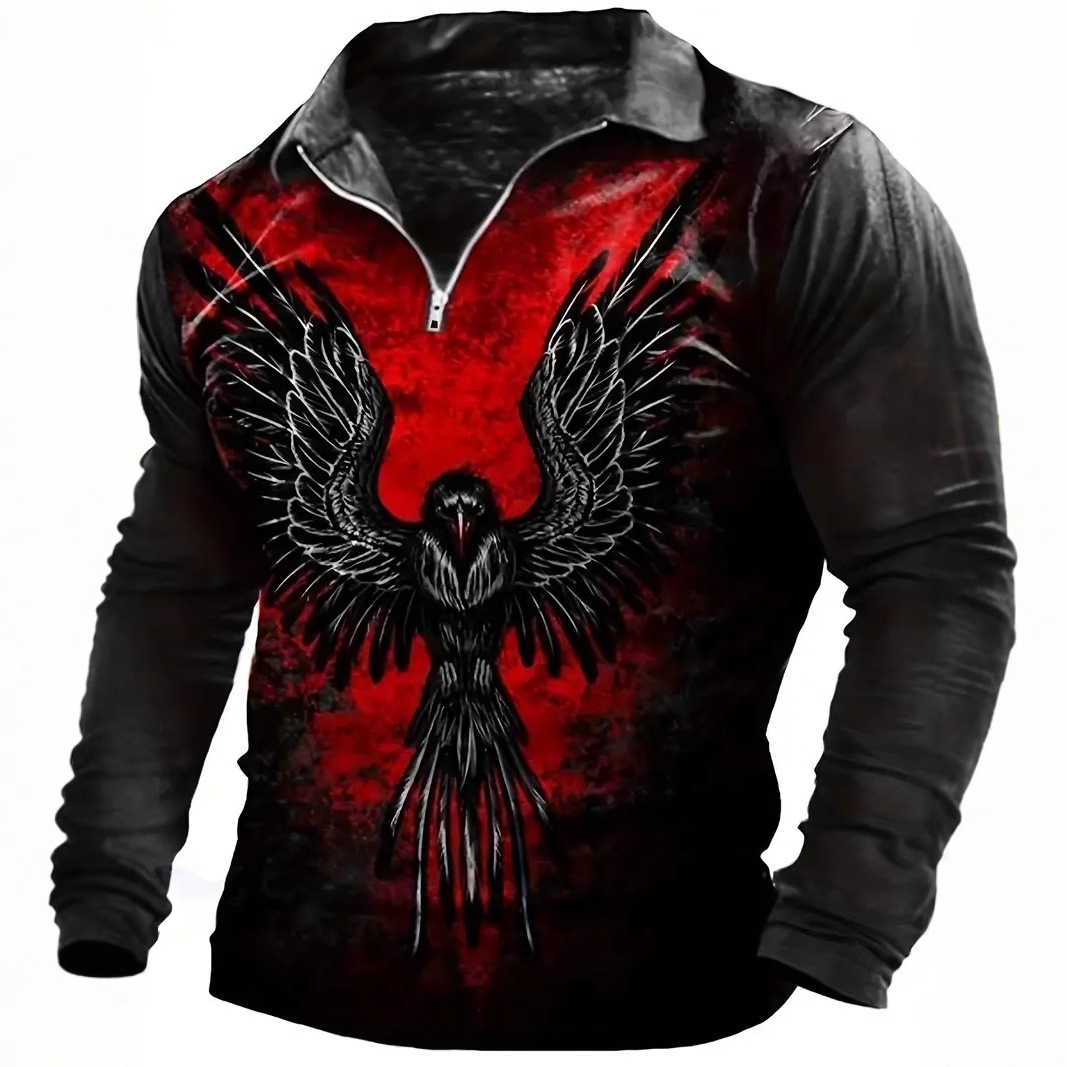 Estación independiente transfronteriza comercio exterior Hell Eagle impresión 3D hombre calle salvaje suelta manga larga cremallera camisa POLO