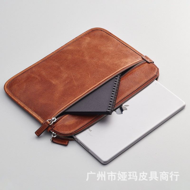 Amazon Crazy Horse Skin Apple Computer Storage Bag Men's and Women's Business Genuine Leather Double Zipper Laptop Protective Case