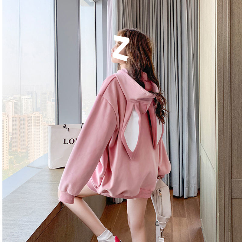 兔耳朵韩版冬季小个子可爱连帽外套卫衣女ins中长款加绒上衣加厚