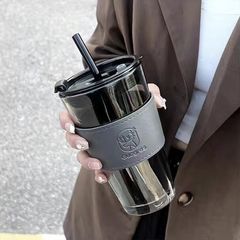 ストロー付きガラスコップ高颜値コーヒーカップ革カバー付きグレー鹿双飲オープンプレゼント印刷ロゴ