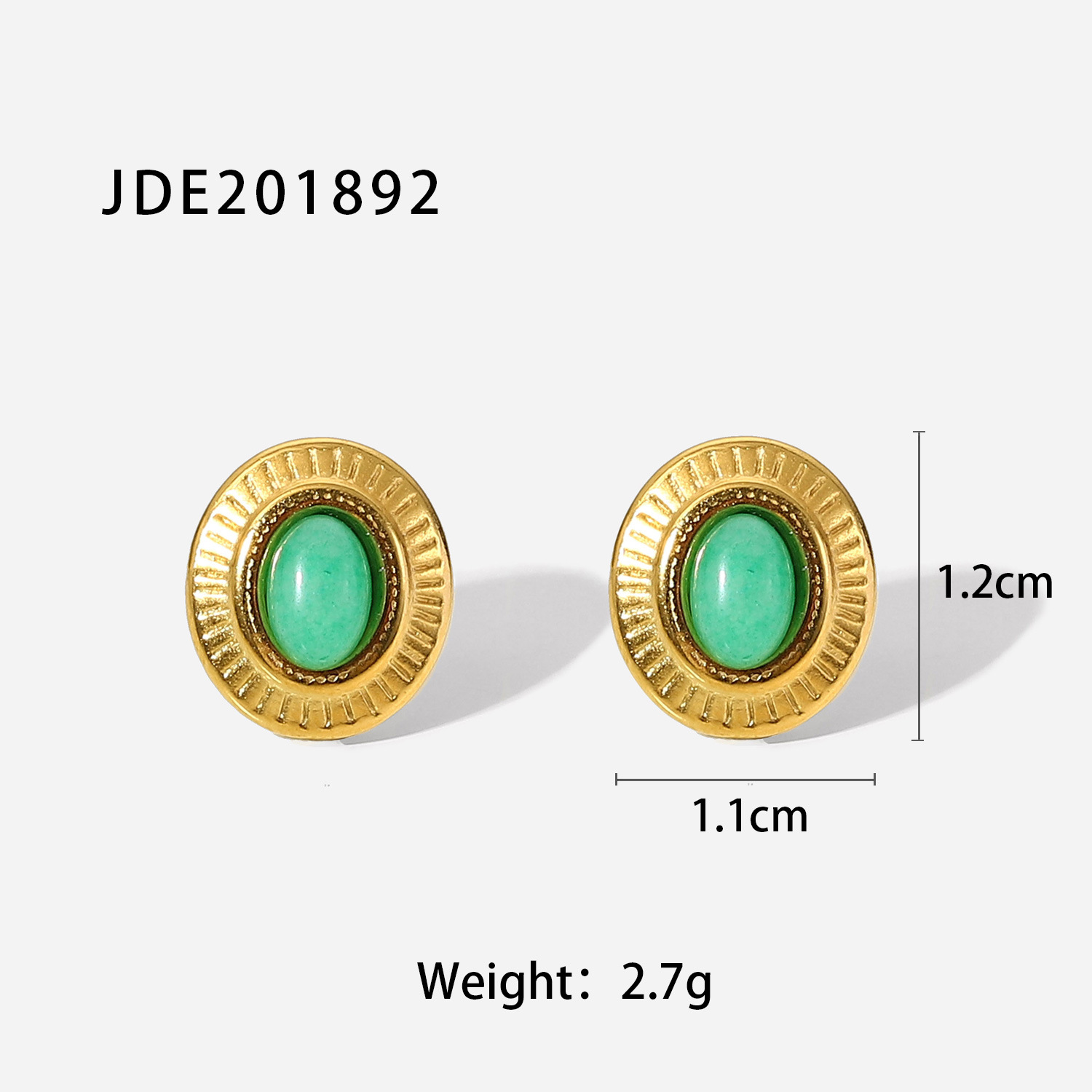 New Oval Green Jade Button Retro 18k Gold Stainless Steel Earrings display picture 4