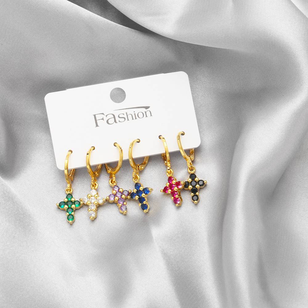 Fashion Cross Copper Drop Earrings Inlay Zircon Copper Earrings 6 Pieces