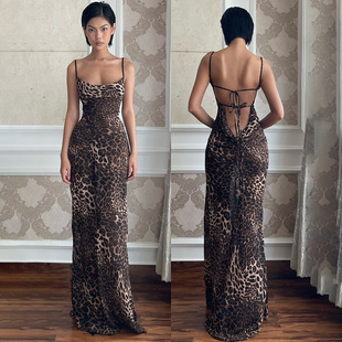 CF24216SKO Spice Girl Dress Leopard Print Backless dress V-neck Strap Summer Long Dress Women's Suspender Dress