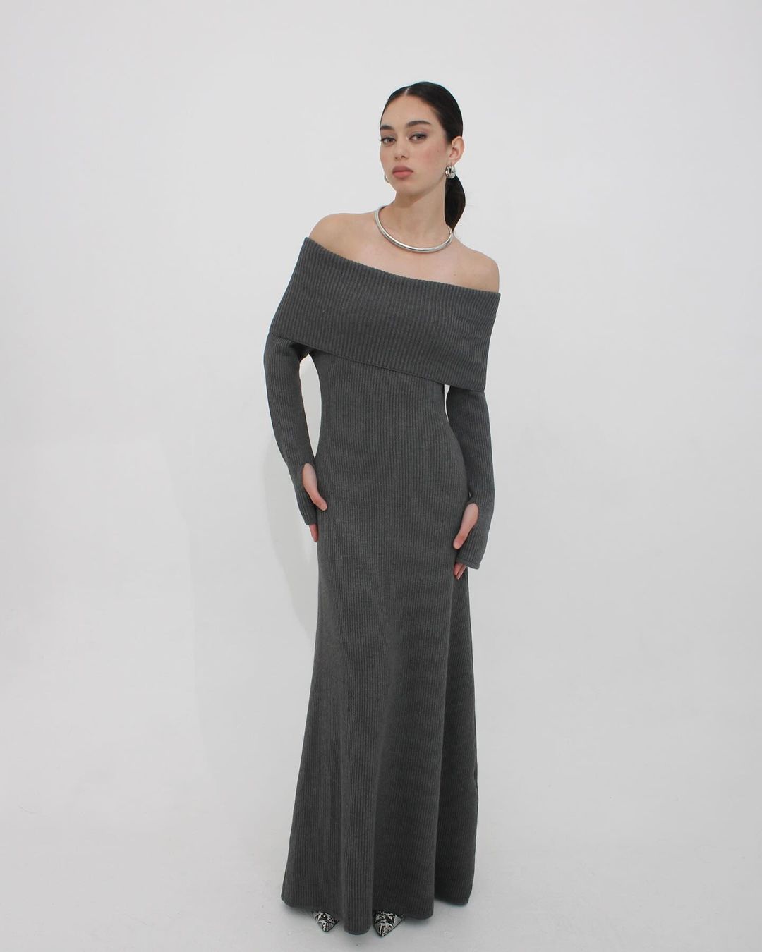Autumn Winter Women Clothing Elegant off Shoulder Dress Solid Color Formal Dress Length Dress