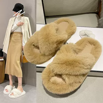 Autumn and winter new cross woolly slippers female fashion furry home cotton mop net red soft bottom lazy flip-flops - ShopShipShake