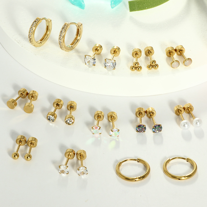 12 Pairs Stainless Steel Casual Zircon Stud Earrings Set Round Earrings for Women Men detail image 7