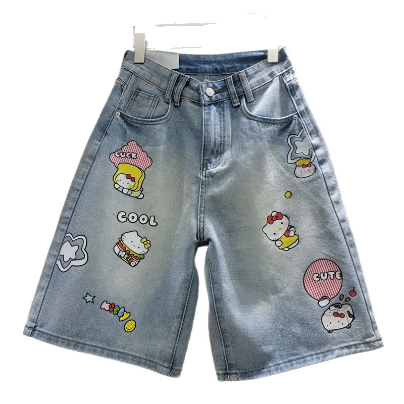 Pantalones Cortos Jeans de Pierna Ancha para Mujer de Denim, Estampado, Cintura Media, para Uso Diario image 5