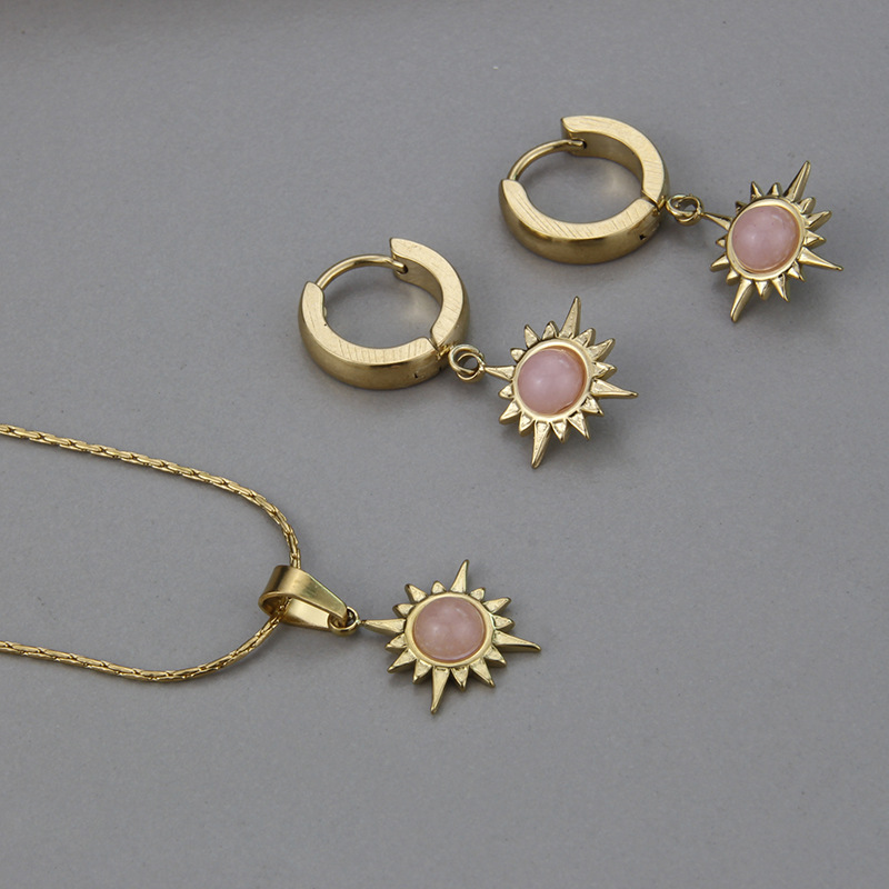 Retro Natural Stone Titanium Steel Color Eight Awn Star Necklace Earrings multicolors