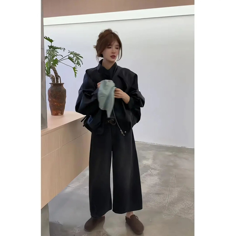 秋季穿搭冷淡系女装高级立领夹克开衫外套美式复古阔腿牛仔裤套装|undefined