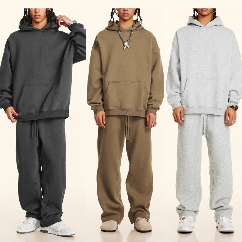 Autumn and Winter Fog Pure Color American Velvet Thickeneded Hooded Sweatshirt Suit Loose Casual Sports Straight Sweatpants Couple