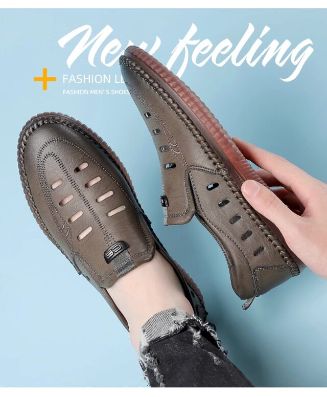 Giày sandal nam da lười khoét lỗ đế bằng chống trượt thoáng khí — Màu kaki, màu đen chi tiết 2