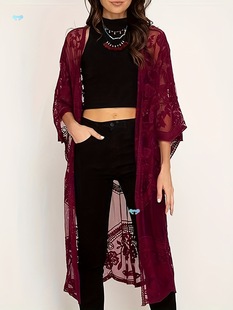 Dark Red Semi Sheer Mesh Lace Women's Beach Kimono Cardigan