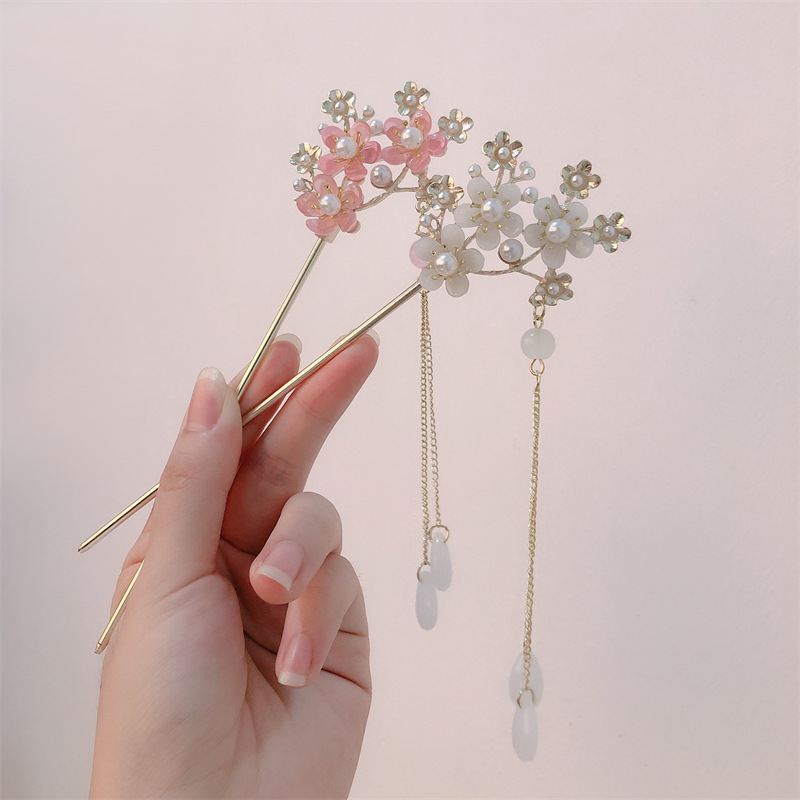 Hada estupenda estilo antiguo accesorios para el cabello rosa perla borla horquilla Hanfu updo horquilla cheongsam palillos paso sacudida tocado