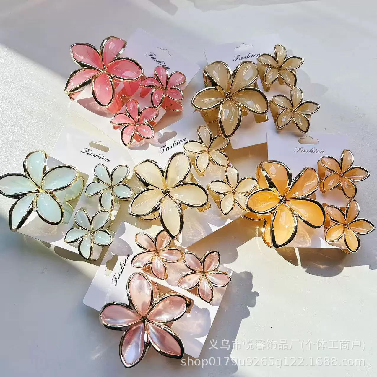 新款三件套花朵彩色金边鸡蛋花发夹后脑勺盘发半扎发塑料抓夹发饰