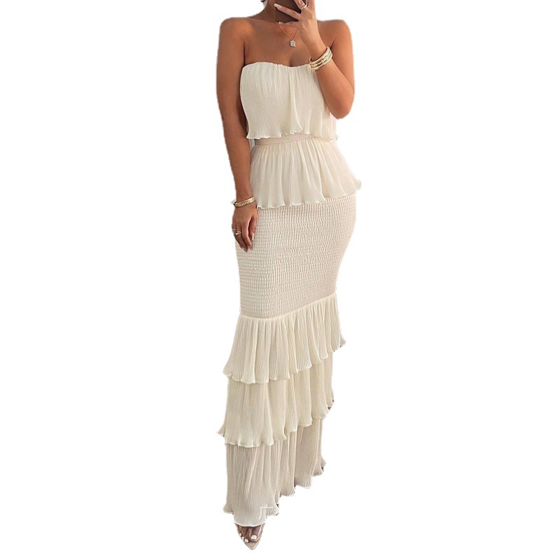 Strapless Pleated Ruffled Long Dress New European And American Style Women's Clothing_ecoleips.com