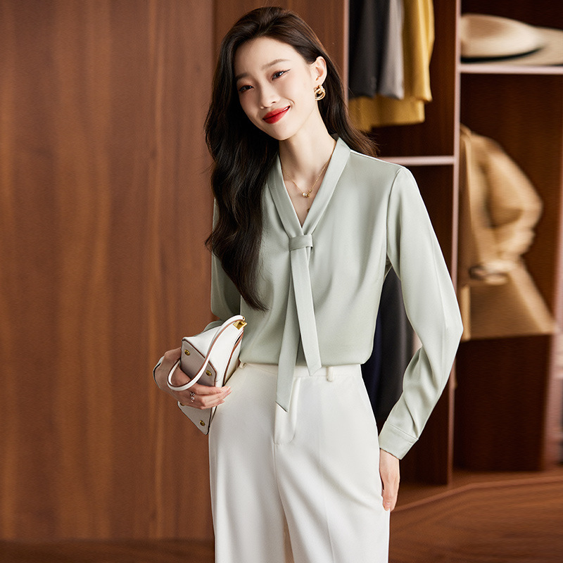 Light Green Ribbon Shirt Women's Design Sense Niche Spring and Autumn Long-sleeved 2023 New Spring V-neck Chiffon White Shirt