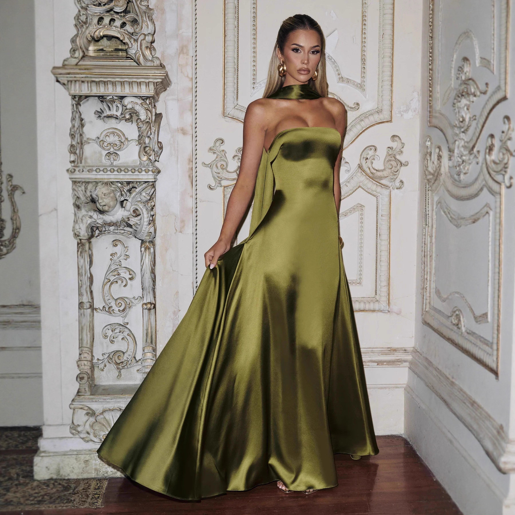 European and American New Satin Tube Top Sleeveless Dress Cross-Border Sexy Elegant Ribbon Evening Dress Long Skirt Amazon