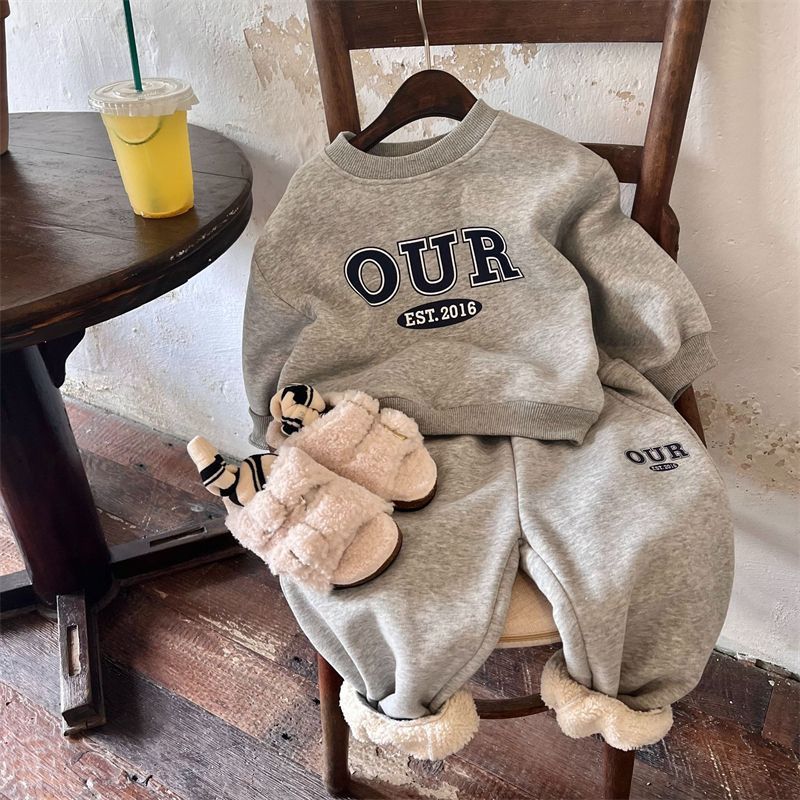 Kid's Clothing Spring And Autumn And Winter Boys And Girls Printed Letters Warm Tide Treasure Plus Velvet Thickened Our Sweatshirt Suit_voghion.com