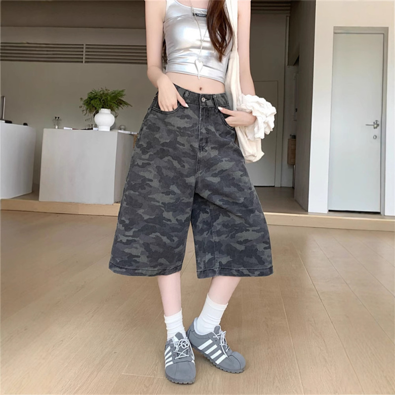 Plus-Size American High-Street Style Workwear Wide-Leg Camouflage Jeans for Women, Summer High-Waisted Loose Slimming Straight-Leg Cropped Pants