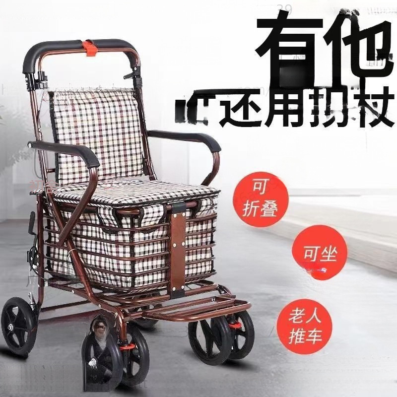 Portable Household Scooter for the Elderly, Foldable Shopping Four-Wheel Grocery Shopping Cart, Pushable and Sit-Down Elderly Storage Trolley