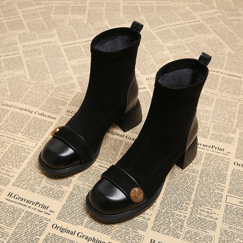 재고 있음~ 여성용 천연 가죽 숏부츠 2025년 가을 신상 두꺼운 밑창 마틴 부츠 한국 스타일 하이힐 슬림 부츠