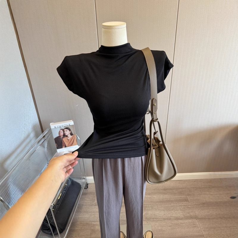 chao柔质感温柔半高领上衣修身短袖T恤女褶皱收腰打底衫弹力内搭|undefined